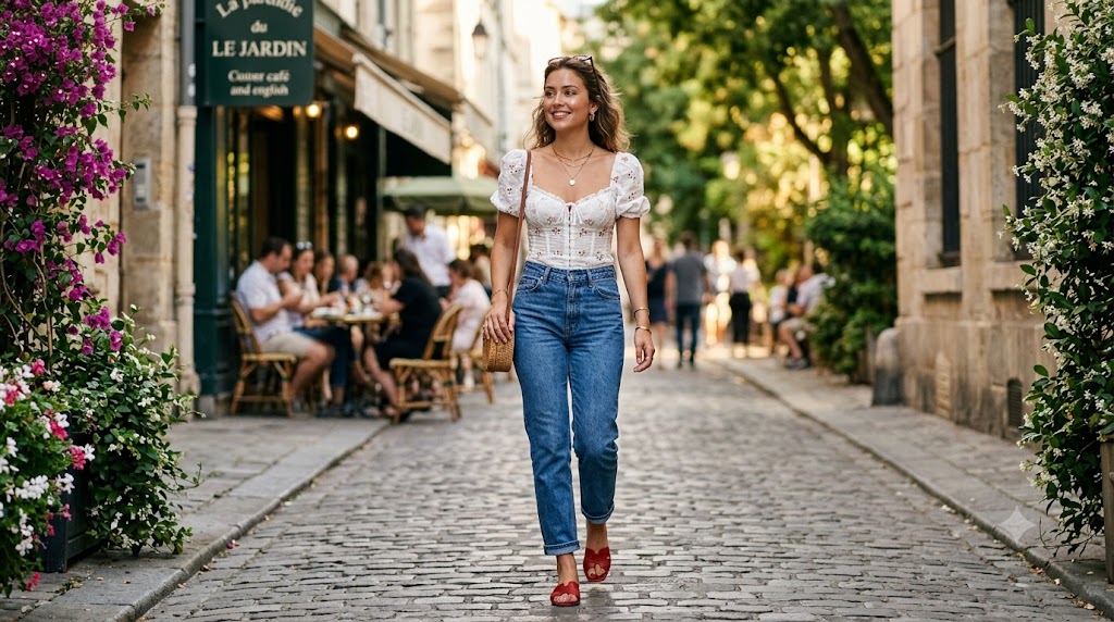 Broderie Anglaise White Bustier Top & Straight High-Waisted Blue Jeans